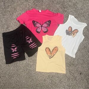 Girls Butterfly & Heart Graphic Tee & Tank Set - Pink, Yellow, White, Black